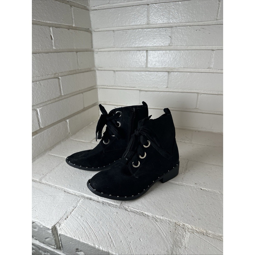 Blue Suede Size 7 Black Faux Suede Studded Lace Up Ankle Boots Side Zip